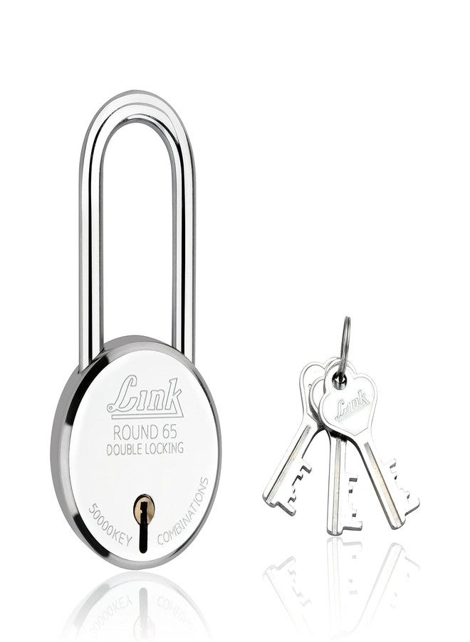 Link Locks| Round 65MM Long Shackle Padlock with 3 Keys |Lock for Main Door, Gate, Shops, Office| Silver Finish |2 Years Warranty - Image 1
